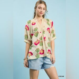 Umgee Abstract Print Blouse with Ruched Detail